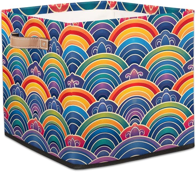 TropicalLife 13x13x13 Inch Large Fabric Storage Cube Vintage Rainbow Flowers Foldable Storage Bin with Handles Organizer Boxes Cube Basket for Shelves Organizing Closet