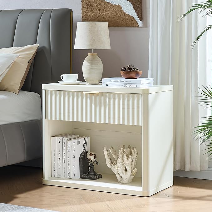 LEYAOYAO 31" Wide Fluted Nightstand with Charging Station, Oversized Extra Large 1 Drawer Night Stand with Golden Handle, White Wood Bedside Table Tall End Tables,for Bedroom, Living Room, Hallway