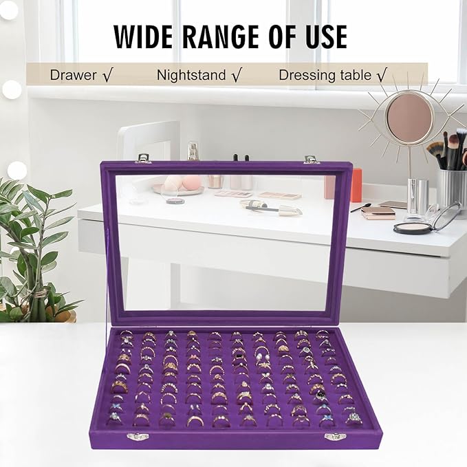Ring Display Tray Organizer Box with Transparent Lid, 100 Slot Ring Holder Showcase For Store Display Jewelry Show Home, Ring Organizer For Jewelry Rings, Studs Earrings (Purple)