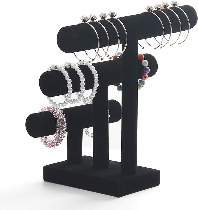 Wuligirl 3 Tier Bracelet Holder T-Bar Jewelry Stand Velvet Jewelry Holder Jewelry Display Bangle Organizer Storage Holder Velvet Black (3T Bar)