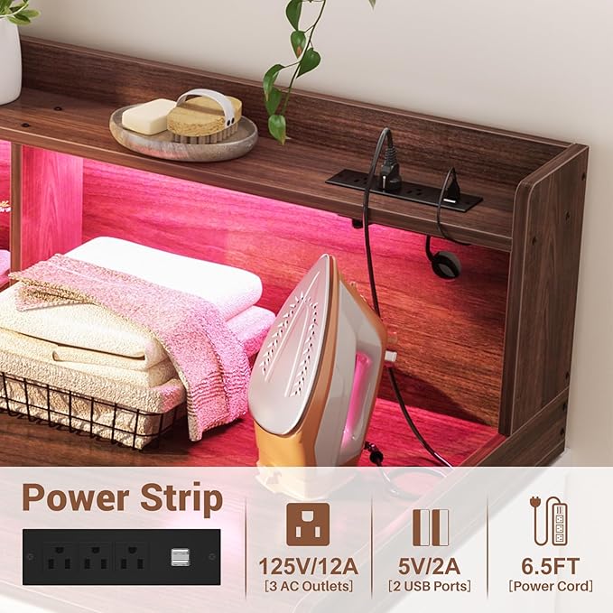 Aheaplus Washer and Dryer Countertop, 2-Tier Laundry Countertop Cover with LED Lights and Power Strip, Large Space Laundry Topper with Shelf for Laundry Room Organization, Brown