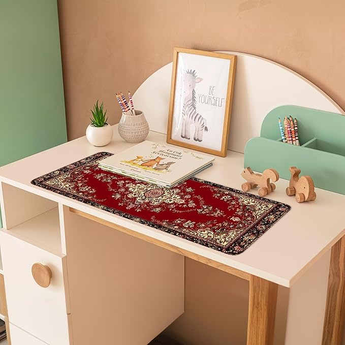 Red Vintage Persian Rug Mouse Pad – Large Extended Desk Mat 31.5 x 11.8 in– Oriental Carpet Design, Non-Slip Rubber Base, Waterproof Surface, Keyboard & Mouse Pad for Office, Gaming, Home