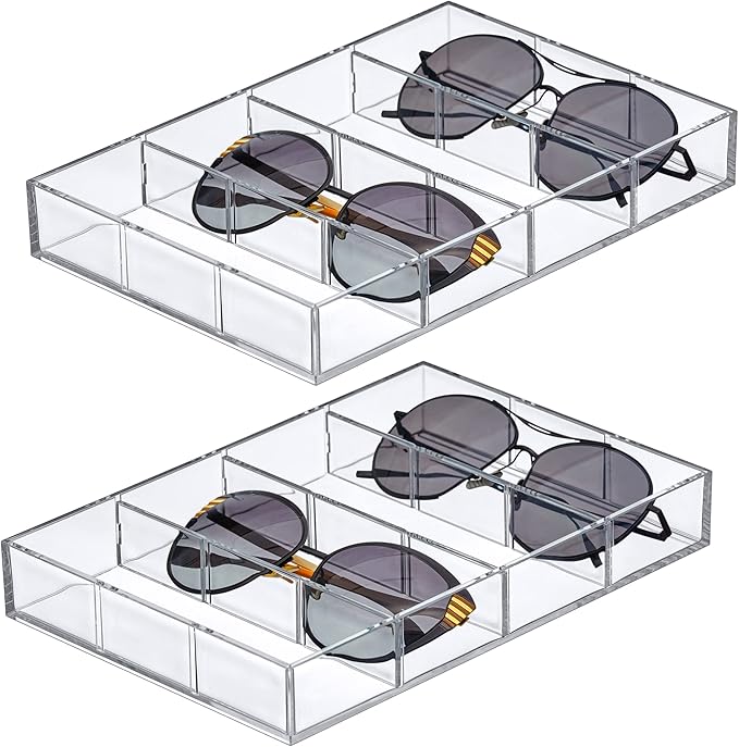 Amazing Abby - Soleil - 2-Pack Acrylic 4-Compartment Sunglass Organizer, Plastic Eyeglass Display Case, Transparent Jewelry Storage Tray, Clear Beauty Supply Holder, Great for Bedroom and Bathroom