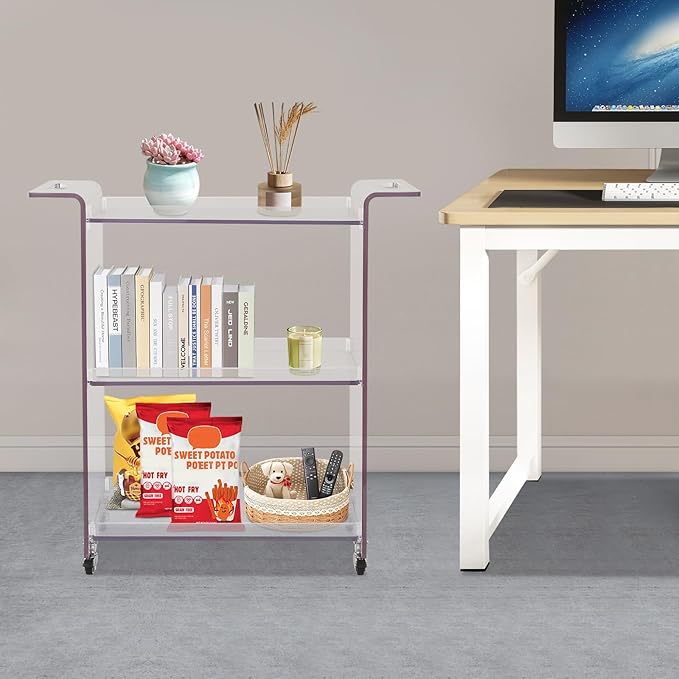 3-Tier Rolling Utility Cart with Wheels, 28×11.8×28.7In PC Rolling Serving Cart, Freestanding Trolley for Homes, Bars, Cafes