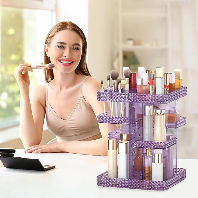 Rotating Makeup Organizer, Large Capacity Cosmetic Display Case, Acrylic Skincare Organizer with Makeup Brush, Makeup Storage Organizer for Dresser Countertop and Bathroom Vanity - Purple