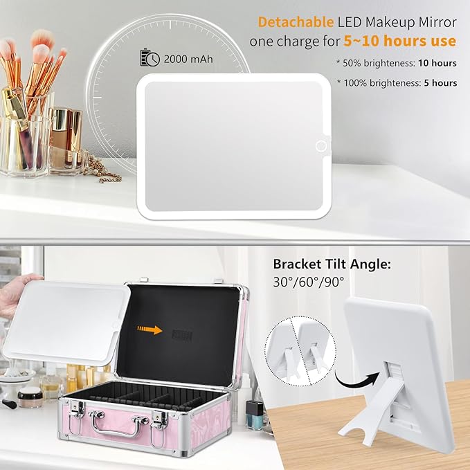 Makeup Case with LED Mirror - Pink Fluid-Color Makeup Box with Detachable Lighted Mirror, Travel Cosmetic Train Case Organizer with Adjustable Dividers and Tool Panel for Brushes