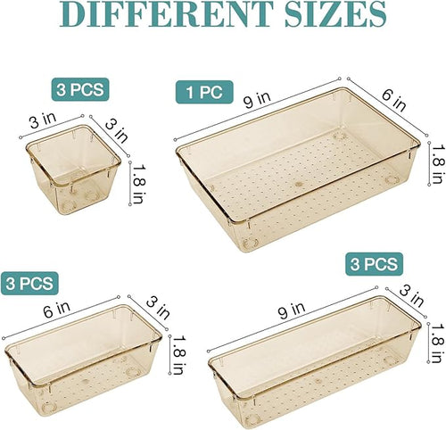 10 PCS Drawer Organizer Set, 5 Varied Size Bathroom and kitchen Drawer cabinet organizer Trays, Clear Storage Bins for Makeup, Jewelry, Utensils and Gadgets, Champagne