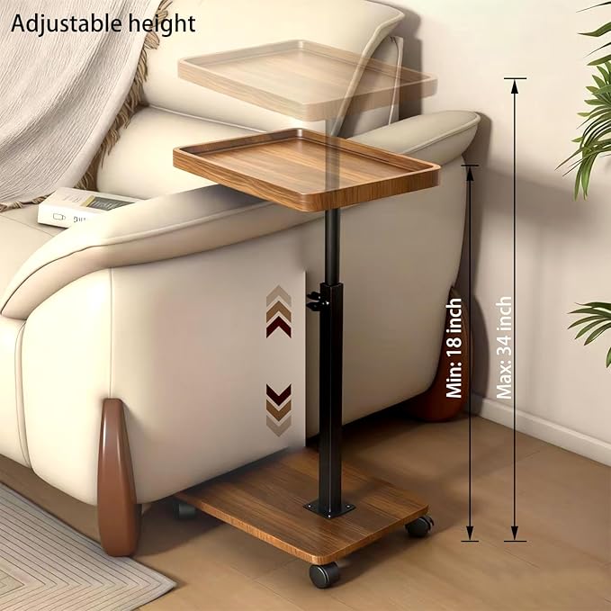 Adjustable Height Couch Tables That Slide Under Sofa, 360° Swivel Modern Tv Tray Table with Wheel, C Shaped End Table for Couch, C Table for Small Place, Perfect for Livingroom, Bedroom