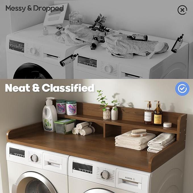 2-Tier Washer and Dryer Countertop with 2.75" H Guard,54" W x 27.5" D Laundry Countertop Cover with Non-Slip Pad,Large Space Laundry Topper for Folding Clothes Over Washer and Dryer-Brown