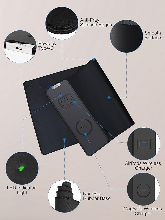 TopMade Mouse Pad with 15W Fast Wireless Charging, 31.5"x11.81" XL Large Gaming Waterproof Desk Pad with Ultra-Smooth Surface, Non-Slip Base, Classic Black Computer Desk Mat for MacBook, PC, Laptop