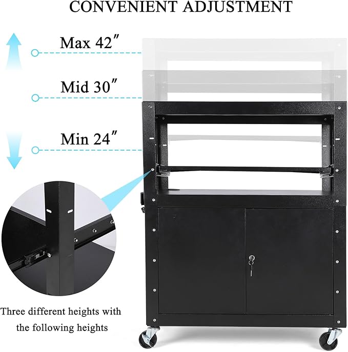 Garvee Mobile AV Cart with Lockable Cabinet, Adjustable Height Laptop Stand, Drop Leaf Workstation, Extra Storage Space, Power Strip Included, Rolling Utility Cart