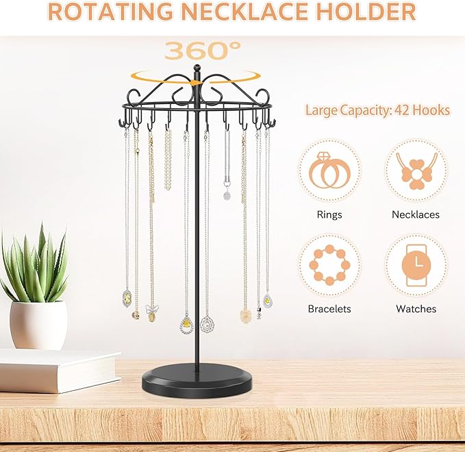 iDavosic.ly Rotating Necklace Holder Organizer with 24 Hooks, Adjustable Metal Bracelet Display Stand Rack, Extra Tall Keychain Spinning Tree Tower for Women, Black