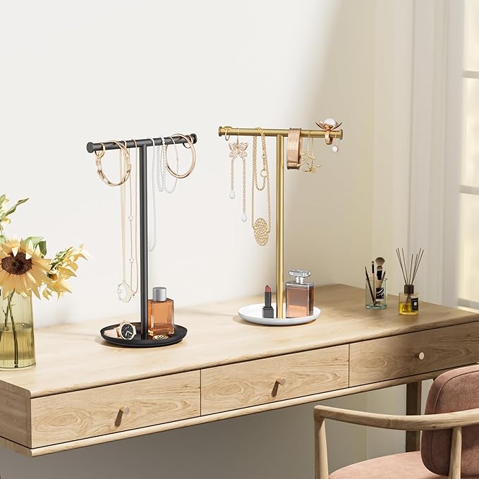 Necklace Organizer Stand with Storage Tray - 12.6" Tall T-Shaped Jewelry Holder Stand for Bracelets, Earrings, Rings | Stylish Home & Vanity Décor for Women, Black.