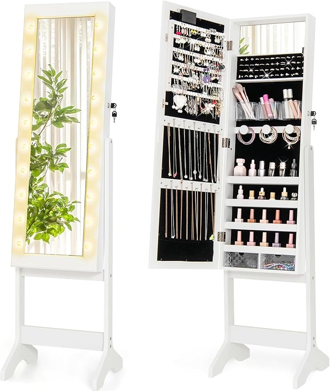 Giantex Standing Jewelry Armoire with Lighted Full Length Mirror, Lockable Jewelry Cabinet Organizer with 20 LED Lights, Adjustable Tilt, Large Storage for Earrings, Rings, Necklaces, White