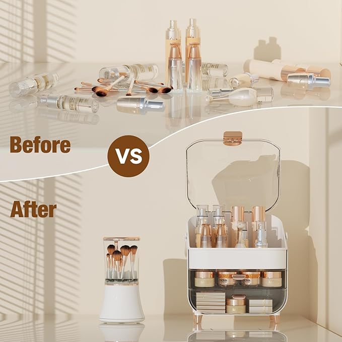 Makeup Organizer Countertop & Makeup Brush Holder with Lid 360 Rotating Clear Dustproof Skincare Holder for Vanity Bathroom Countertop, Ideal Gifts for Women, Transparent, Rose Gold
