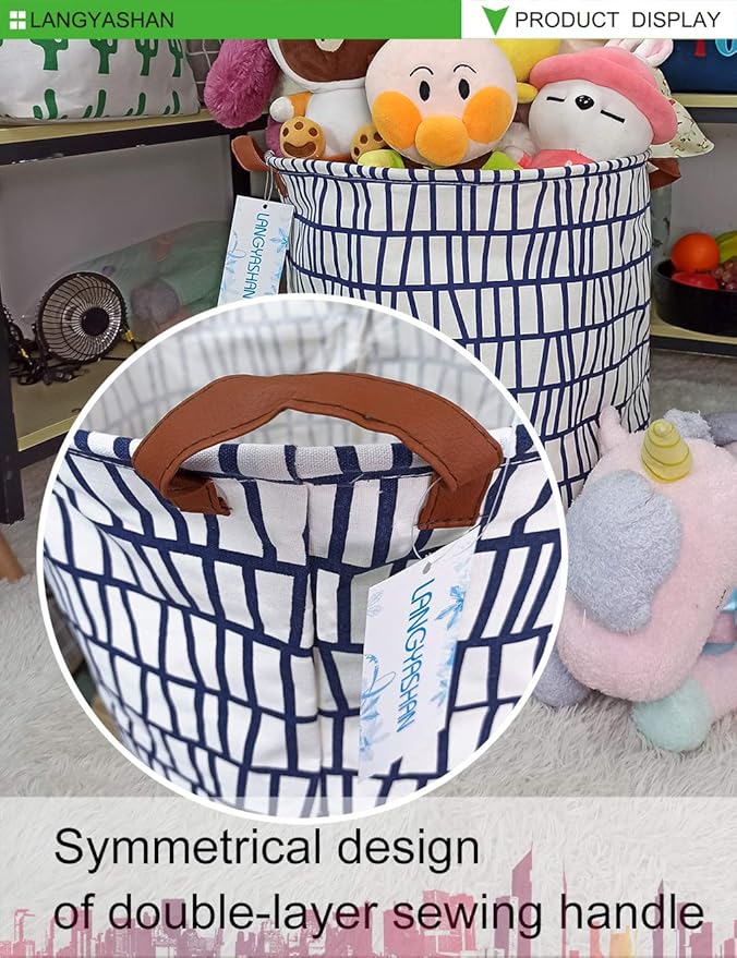 LANGYASHAN Laundry Basket Canvas Fabric Collapsible Organizer Basket for Storage Bin Toy Bins Gift Baskets Bedroom Clothes Children Nursery Hamper (Blue Stripes)
