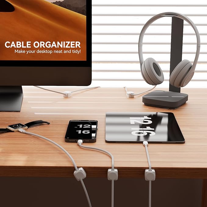 Rotatable Cord Organizer, Enhanced Spring Cable Clips, Strong Adhesive Cable Management, Desk Cord Holder for Nightstand, Office Accessories and Car (8*White)