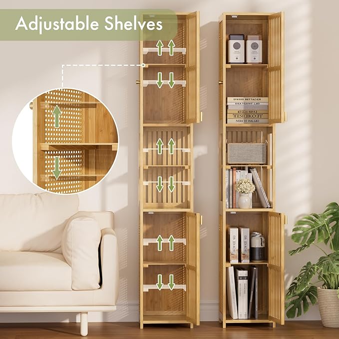 Amazer 70'' Tall Bathroom Storage Cabinet Bamboo, Slim Storage Cabinet with Rattan Door and Adjustable Shelves, Narrow Freestanding Organizer for Living Room, Kitchen, Natural Color