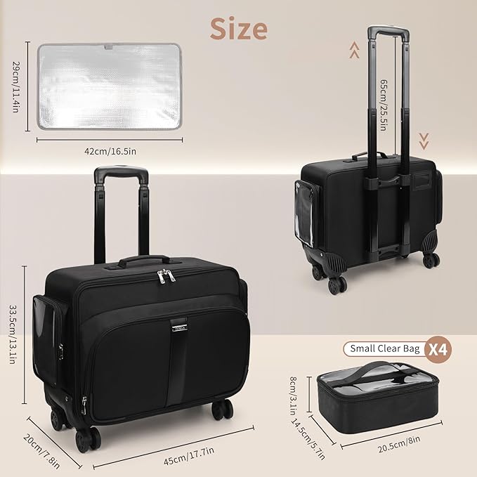 Large Rolling Makeup Case，Professional Makeup Artist Bag with 4 Small Bag Makeup Case, Adjustable Dividers, Portable Travel Supply Station for Cosmetics Storage Organizer Trolley Suitcase Makeup Cart