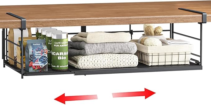 Expandable Under Cabinet Shelf, Extendable Under Shelf Storage with Removable Wire-Like Back for Pantry Cabinet, Laundry Room, Shoe Rack. (Black, 1 Pack, Interior: 5" H x 10" D)