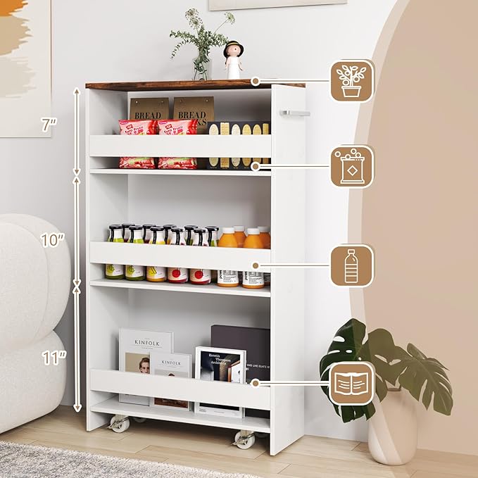 Slim Rolling Storage Cart, 4 Tier Narrow Kitchen Cart with Wheels, Between Washer and Dryer Cart, Wood Shelving Unit Organizer w/Handle for Small Spaces (White & Rustic Brown, 8-Inch)