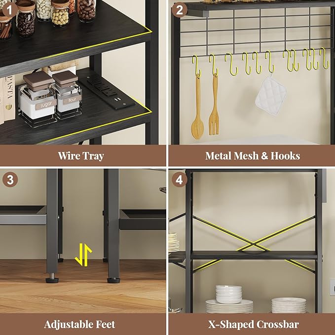 L-Shaped Bakers Rack with Power Outlet, 6-Tier Microwave Stand with Open Storage, Coffee Bar with Hooks, Mesh Grid, Kitchen Shelf with Wire Basket, Black