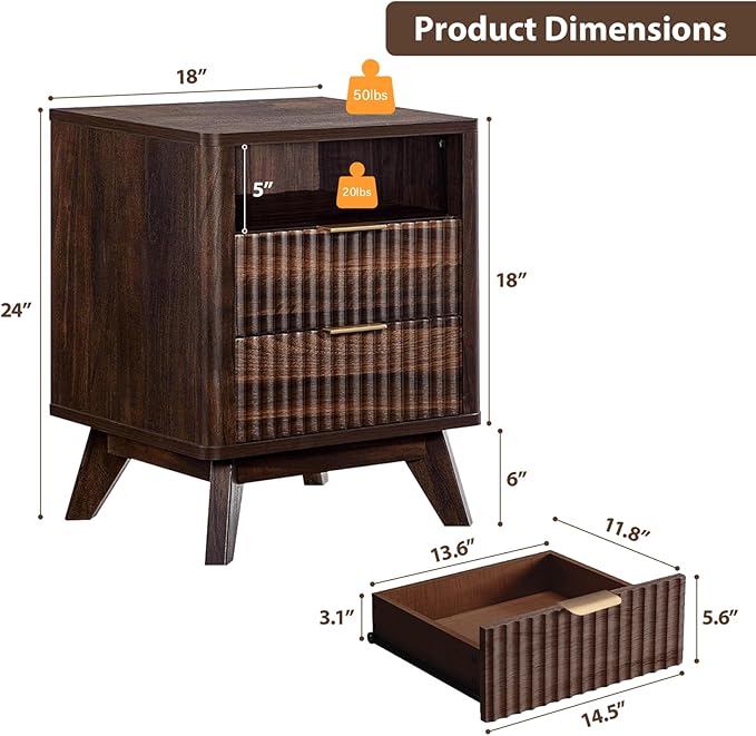 Fluted Nightstand - 24" Modern Bedside Table w/ 2 Drawers, Wood Bed Side End Table with Open Shelf, Night Stand with Storage Drawer, Curved Design Night Stands for Bedroom Living Room (Walnut)