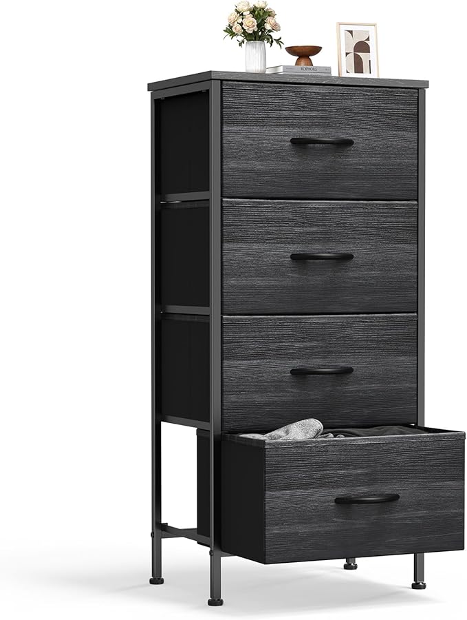 Sweetcrispy Nightstand Small Bedroom Dresser with 4 Fabric Drawers,Bed Side Furniture End Table,Wooden Top Cabinet Night Stand Dresser for Closet,Entryway,Dorm,Black Wood Grain
