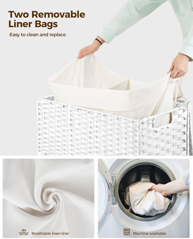Greenstell Laundry Hamper with Wheels, No Install Needed, 90L Divided Handwoven Hampers & 2 Removable Liner Bags, Rattan Clothes Laundry Basket with Lid & Handles, Foldable Hampers White