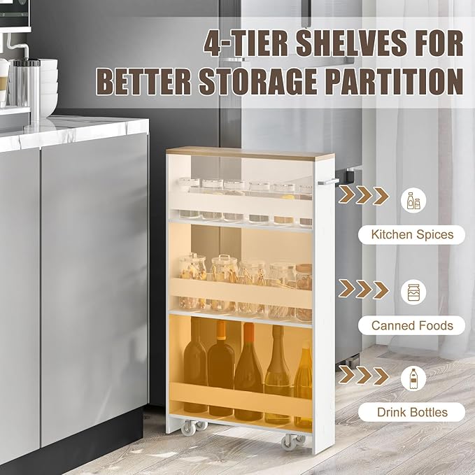 Slim Storage Cart, 4 Tier Rolling Storage Cabinet with 4 Universal Wheels, Convenient Handle, Narrow Laundry Cart for Small Space Bathroom Office