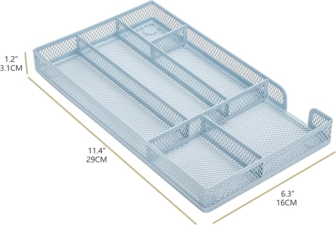 Annova Desk Drawer Organizer/Storage Tray - Metal Mesh with Dividers for Pens, Desktop Accessories, Bathroom, Kitchen, Makeup and Office Supplies (Small, Morandi Blue)