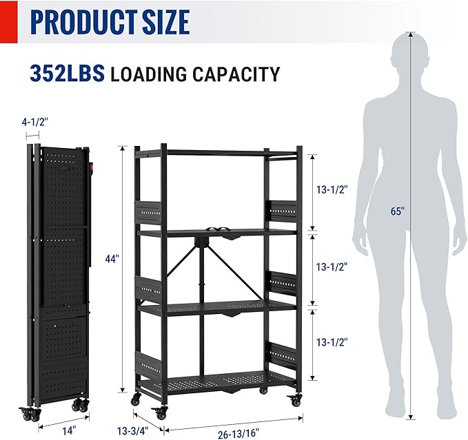 WORKPRO 4-Tier Folding Shelf, No-Assembly Metal Storage Rack with Wheels, 600 lbs Capacity (Without Wheels), Collapsible Shelving Unit for Kitchen, Pantry, Bathroom & Closet Organization