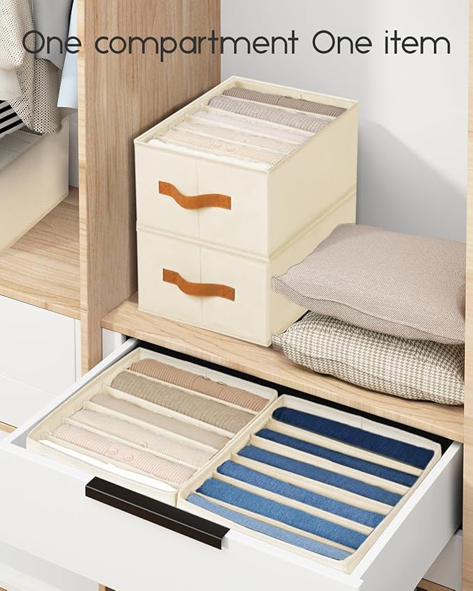 Closet Organizers and Storage - Fabric Clothes Organizer with Handles, Foldable Jeans Organizer for Clothes, Drawer Organizer for Shirts, Bra, Sweater, Scarf, 4 Pack, Beige