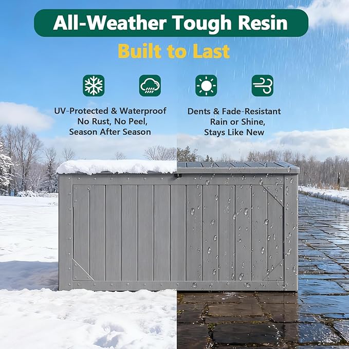 Outdoor Storage Box, 100 Gallon Deck Box Outdoor Storage Bench Outside Waterproof Resin Storage Bench, Lockable Patio Cushions, Garden Tools Storage For Furniture, UV Resistant(Gray)