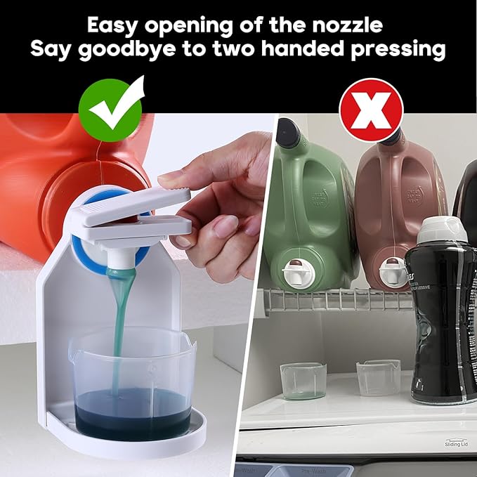 2 Pack Laundry Detergent Dispenser Cup Holder, Nozzle button upgrade，Easily No More runny or Messy Laundry Detergent, Laundry Cup Holder and drip Tray Room Organization and Storage