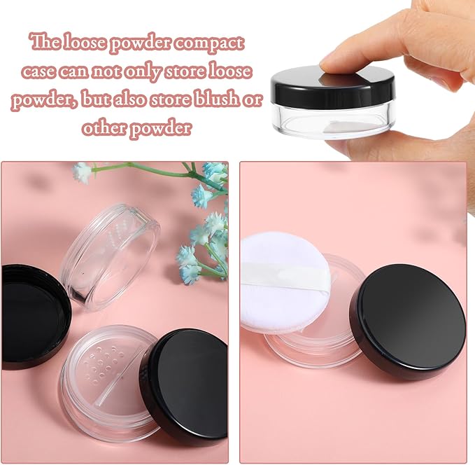 4pcs 10ml/0.34oz Plastic Empty Travel Small Loose Powder Compact Refillable Loose Powder Containers Reusable No Leak Compact with Rotatable Sifter And Black Screw Lid