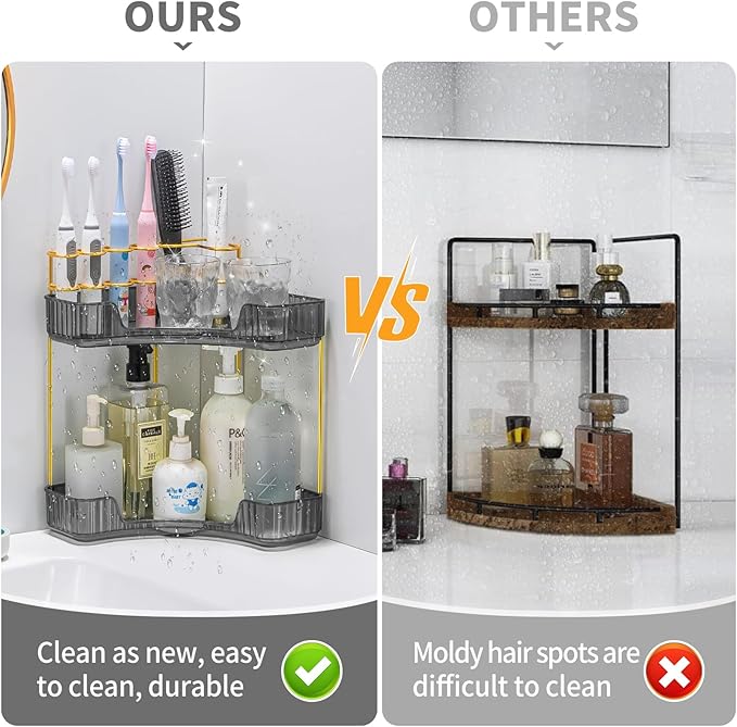 Upgraded 2-Tier Corner Bathroom Countertop Organizer – Spacious Storage for Makeup, Skincare & Perfumes, Built-in Brush Holder Fits Vanity/Dresser/Bsthtub (Slate Gray)