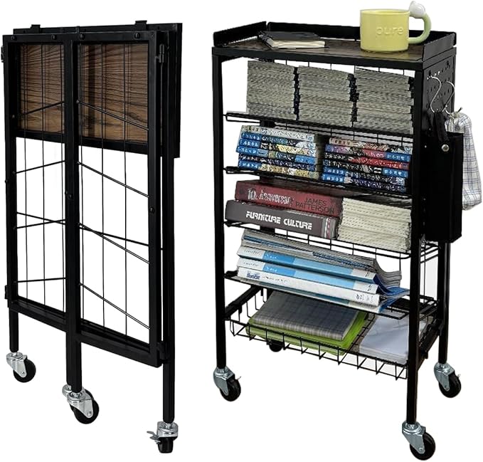 Lumizone Foldable Book Cart 6-Tier Large Capacity Bookshelf Single Sided V-Shaped Sloped Shelves With brake Wheels With PegBoard Slim Rolling Utility Cart Storage Rack, Home Shelves and Office (Black)