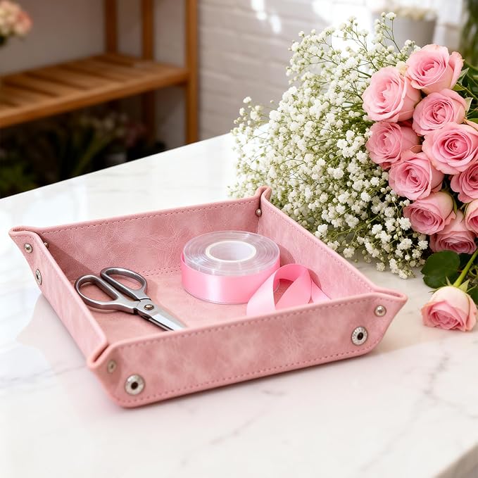 siduater Valet Tray Desktop Storage Organizer – Vegan Leather Catchall Bedside Vanity Tray Nightstand Caddy Holder for Remote Controller, Watch, Keys, Phone, Wallet, Coin, Jewelry, Stone Pink