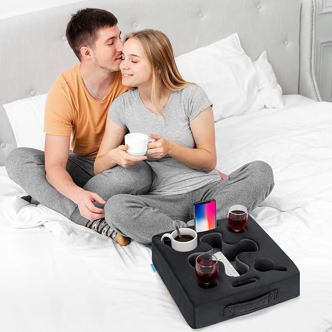Couch Cup Holder-Sofa Cup Holder Pillow Tray Caddy Cupholder Hearted for Bed, Rv, Tv, Car, Man Cave, Backseat for Remote, Drinks, Snacks (Square-Grey)