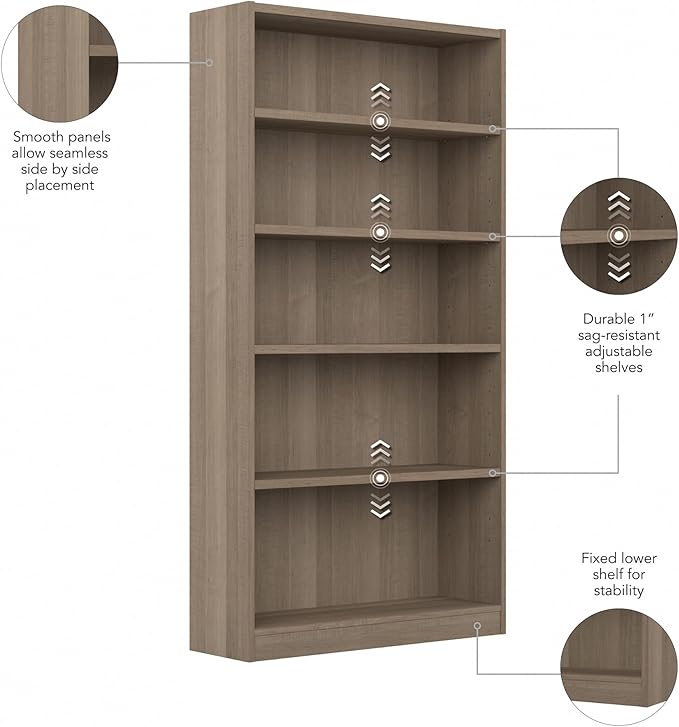 Bush Furniture Universal Tall 5 Shelf Bookcase in Ash Gray, Vertical Storage and Display Bookshelf for Home Office or Living Room Organization