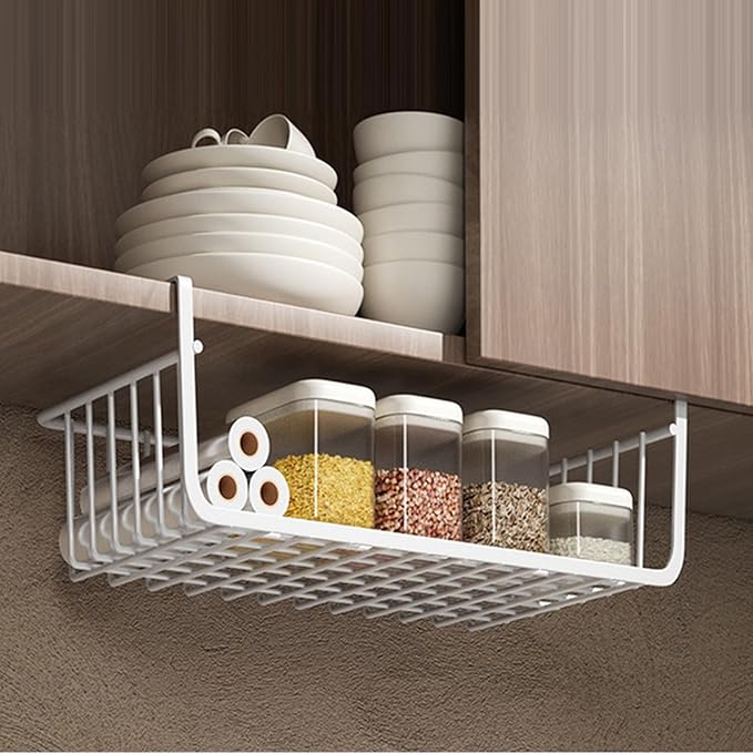 JTLB Under Shelf Storage Basket, Multipurpose All Metal Under Shelf Wire Basket for Kitchen Office Pantry Desk Bookshelf (White)