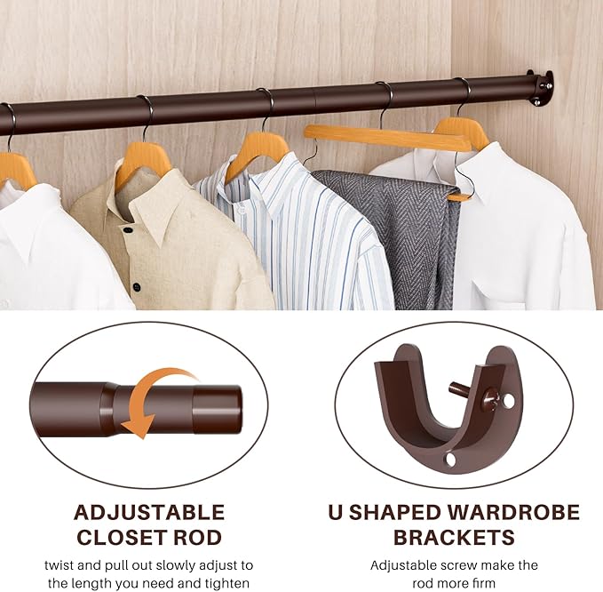 Closet Rod - Closet Rods for Hanging Clothes, 17 to 38 inch Adjustable Closet Hanging Rod, Heavy Duty Clothes Rod Clothing Bar, Closet Poles for Hanging Clothes for Wardrobes, Shower Curtain