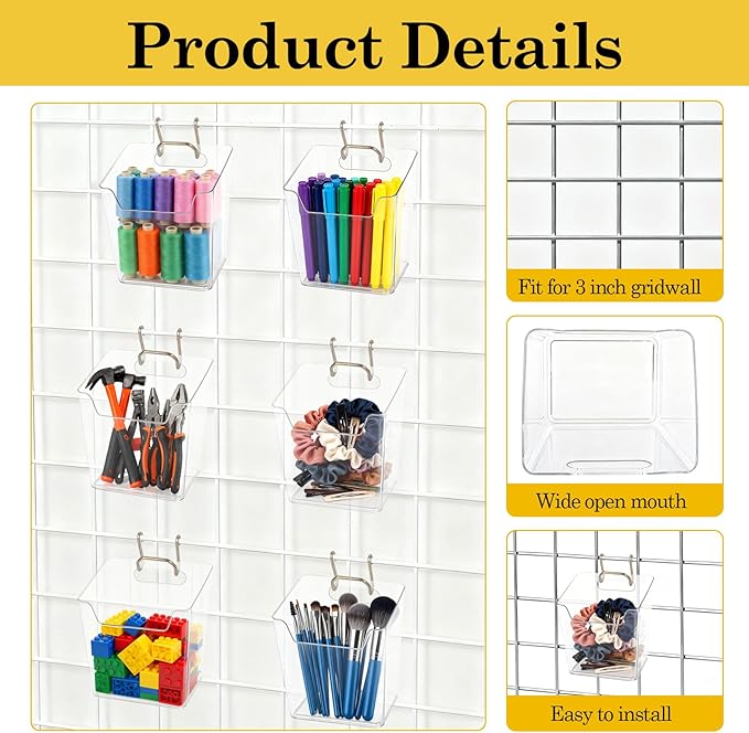 Klmnop 6 Pack Large Grid Wall Bins with Hooks, Clear Gridwall Cups Storage & Organizer for Wall Grid Panels, Garage, Kitchen, Office Tools Shelves Accessories(Clear)