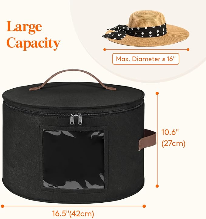 Lifewit Round Cowboy Hat Box for 7 Caps, Large Felt Hat Organizer Bag for Men & Women Storage, Baseball Cap Container with Dustproof Lid for Travel, Foldable 16.5" D x 10.6" H Carrier, Black