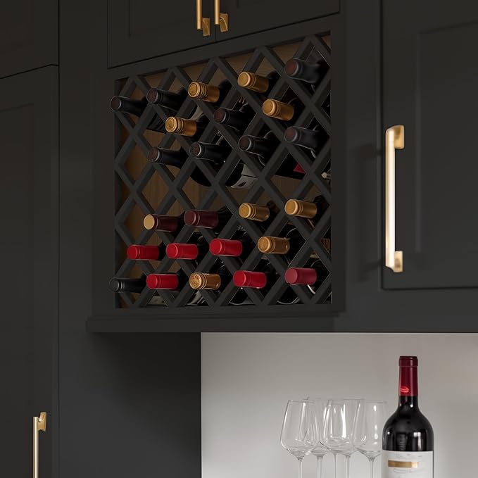 Solid Wood RTA Wine Bottle Rack Wall Cabinet with Lattice Panels - Bottle Holder Storage for Bar, Pantry, or Wine Cellar - Mocha finish Countertop Solution (Charcoal Black, 24'W 12'D 30'H)