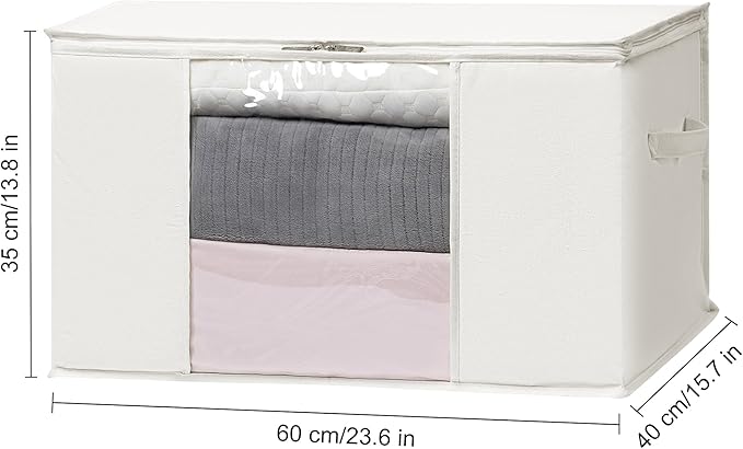 TYEERS Large Storage Bags with Zipper and Clear Window, Cotton Blended Fabric Storage Containers for Seasonal Clothes and Bedding, 23.6x15.7x13.8 Inches, 4-Pack, Beige