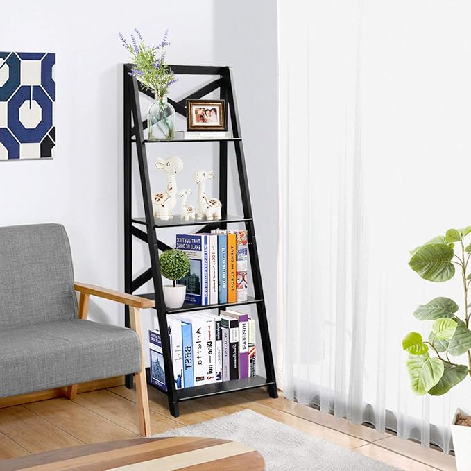 Tangkula 4-Tier Ladder Shelf Bookcase Leaning Free Standing Wooden Frame Decor Bookshelf Storage Flower Shelf Plant Display Shelf for Home Office (1, Black)