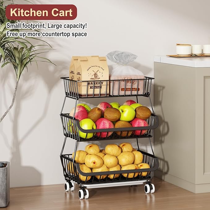 Miyawell 3-Tier Rolling Pantry Cart with Wheels, Stackable Wire Storage Floor Organizer for Kitchen Pantry Snack Shelves, Fruit Basket Stand, Vegetable Storage Rack for Food Snacks Onion Potato