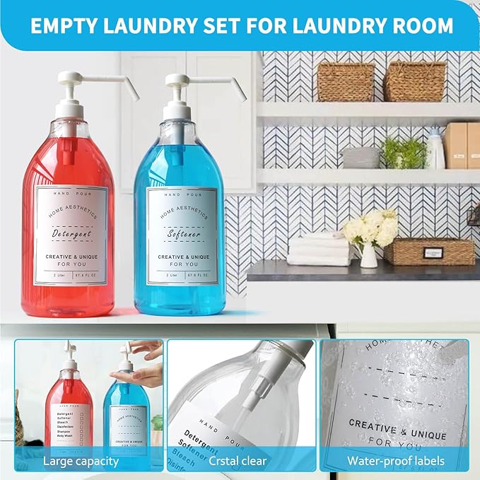1/2 Gallon Laundry Detergent Dispenser Bottle - Refillable Fabric Softener Clear Pump Bottle - Liquid Soap Dispenser for Laundry Room Organization, BPA Free & PET Plastic - Pack of 2